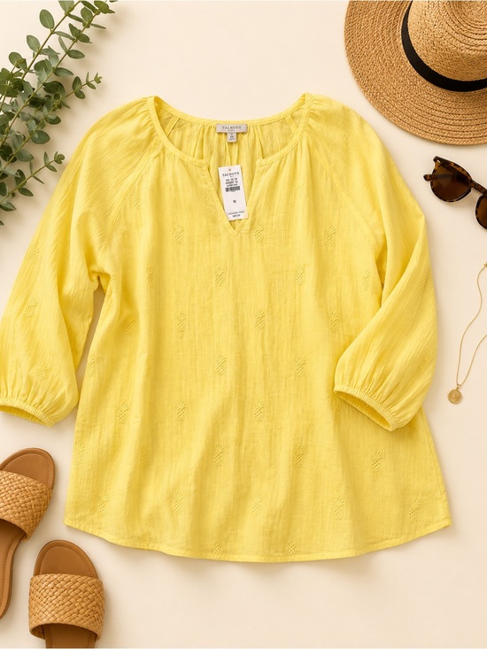 Talbots Tops - NWT Talbots Yellow Pineapple Embroidered Cotton Blouse Medium 3/4 Sleeve